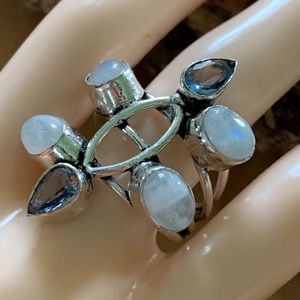 Blue Topaz Moonstone Multiband Stone Ring sz 8 925
